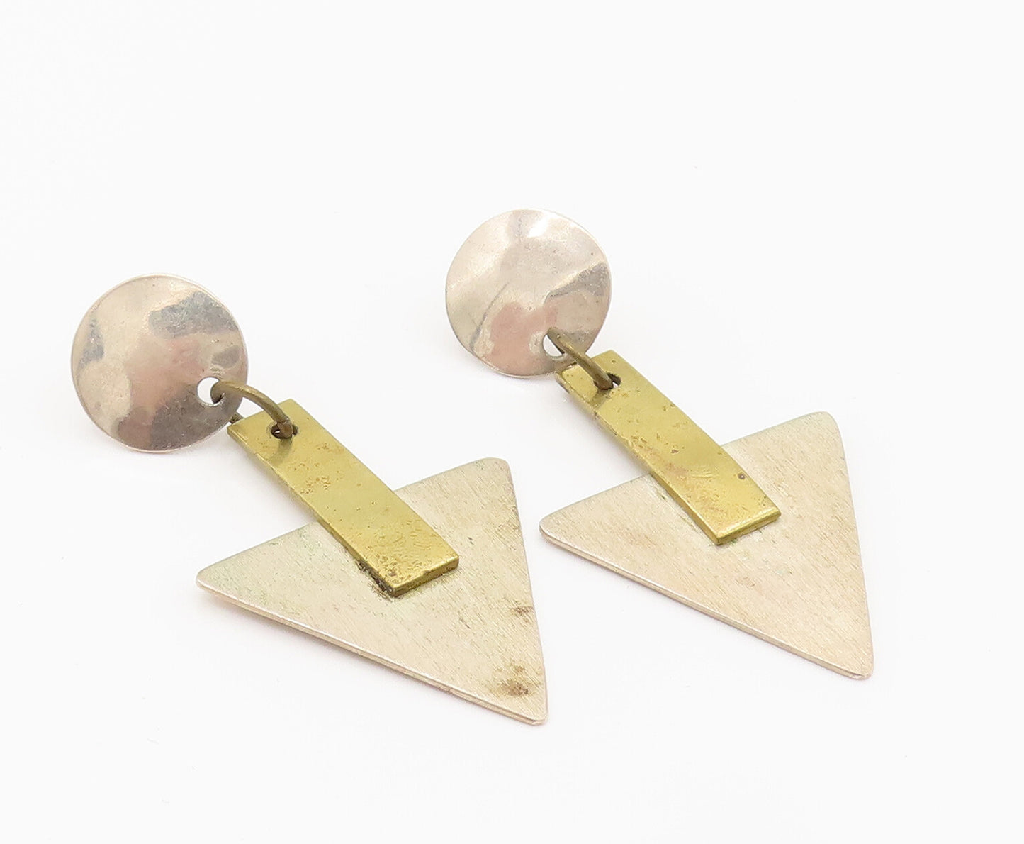 MEXICO 925 Silver  Vintage Two Tone Triangle Arrow Dangle Earrings  EG12397