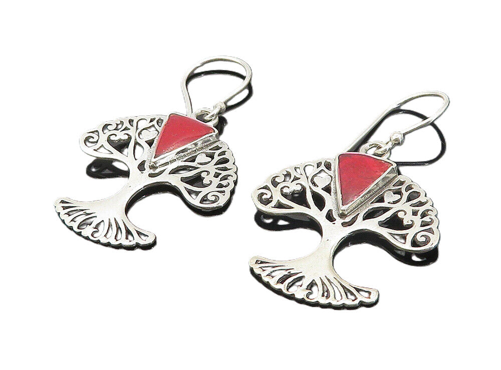 925 Sterling Silver  Red Sponge Coral Tree Of Life Dangle Earrings  EG3392