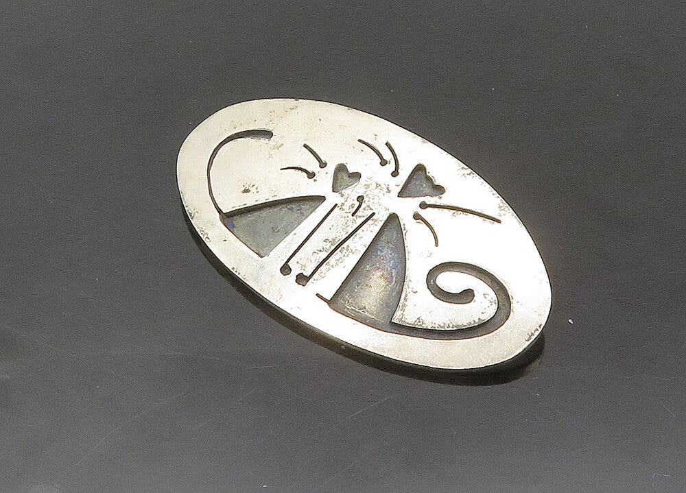 FAR FETCHED 925 Sterling Silver  Vintage Oxidized Cat Love Brooch Pin  BP8646