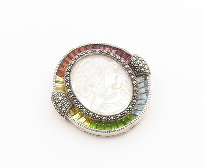 925 Sterling Silver Vintage Brooch Pin Multi Gemstone Cameo Portrait  BP12650