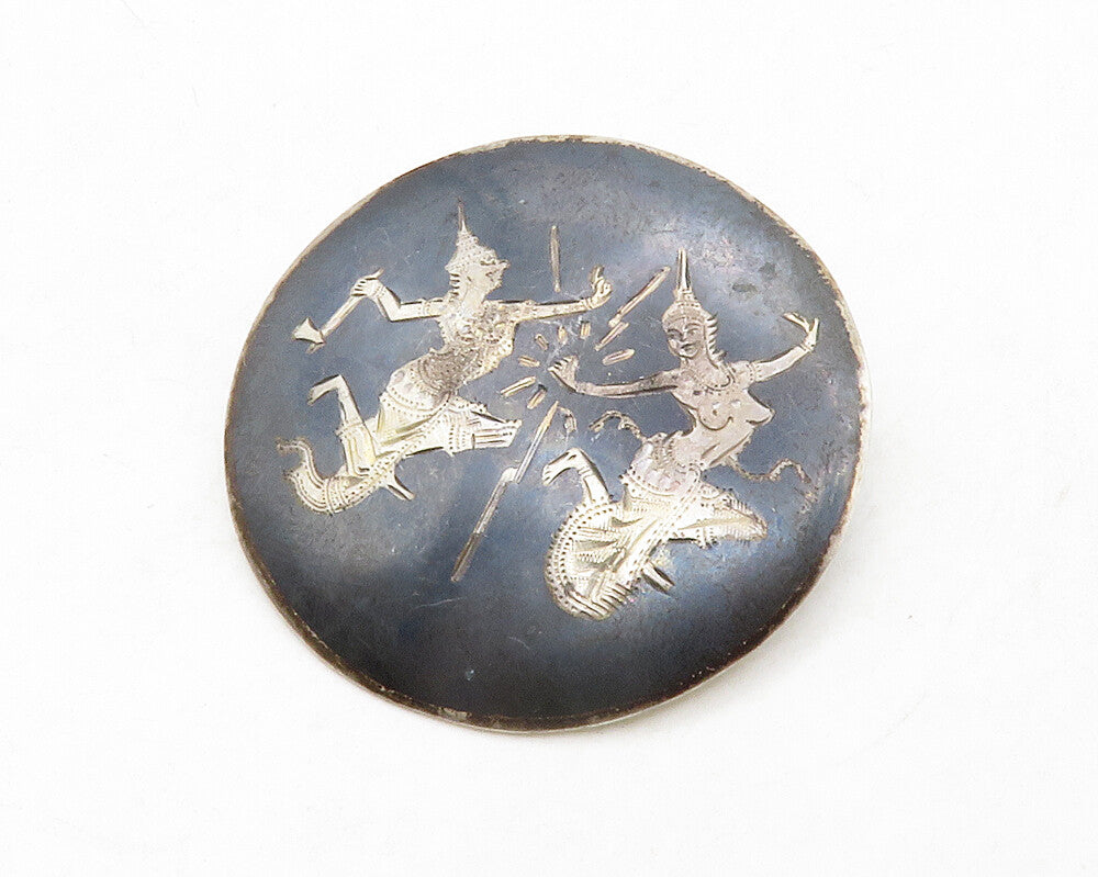 SIAM 925 Sterling Silver  Vintage Enamel Niello Dancers Brooch Pin  BP4989