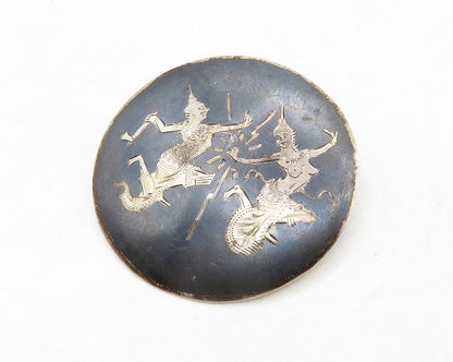 SIAM 925 Sterling Silver  Vintage Enamel Niello Dancers Brooch Pin  BP4989