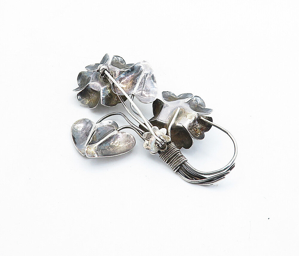 925 Sterling Silver  Vintage Sculpted Wire Wrapped Flowers Brooch Pin  BP2065