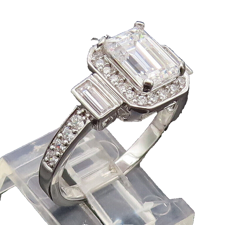 925 Silver Vintage Ring Rectangle Cut CZ Main Stone Halo Inlay CZ Sz 9  RG27592