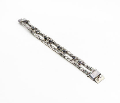925 Sterling Silver  Vintage Cabochon Black Onyx Wheat Chain Bracelet  BT3994