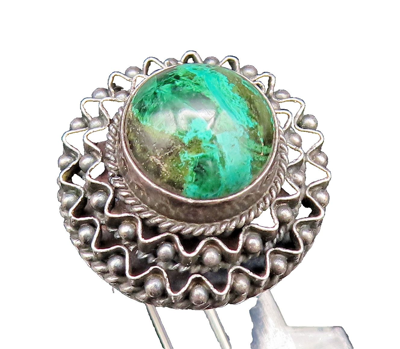 ISRAEL 925 Silver  Vintage Beaded Wavy Round Chrysocolla Ring Sz 5  RG25919