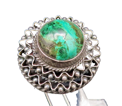 ISRAEL 925 Silver  Vintage Beaded Wavy Round Chrysocolla Ring Sz 5  RG25919