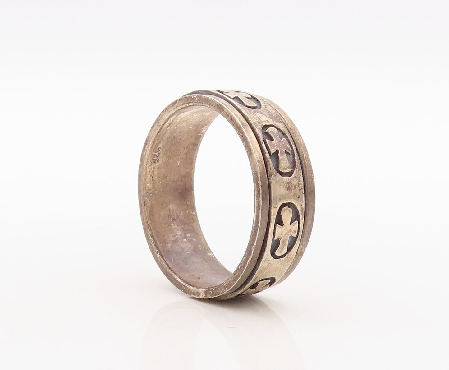 925 Sterling Silver Vintage Ring Dark Tone Solid '+' Carved  Sz 13.5  RG31157