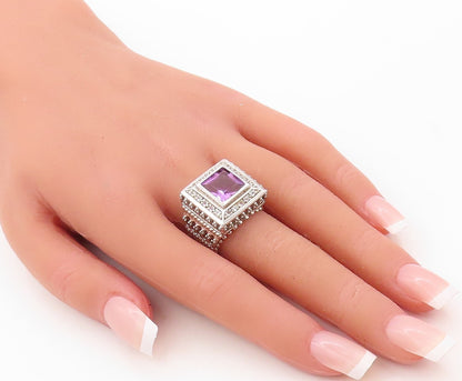 925 Sterling Silver Vintage Ring Swirly Carved Square Cut Amethyst Sz 7  RG30831