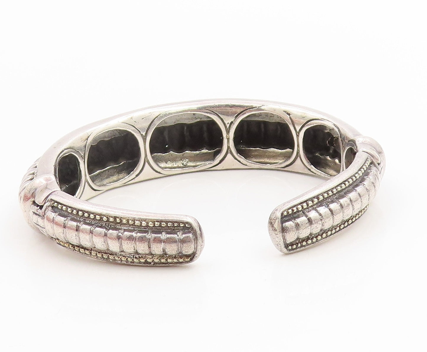 925 Sterling Silver Vintage Bracelet Modernist Solid Ribbed Beaded Cuff  BT12014