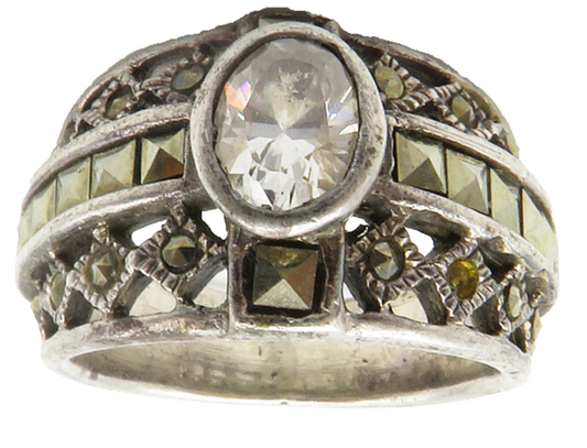 925 Sterling Silver  Vintage Cubic Zirconia & Marcasite Band Ring Sz 6 RG14434