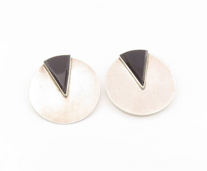 925 Sterling Silver Vintage Earrings MEXICO Onyx Modernist Round Clip On EG13895