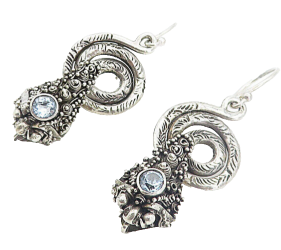 925 Sterling Silver  Vintage Blue Topaz Snake Motif Dangle Earrings  EG3559