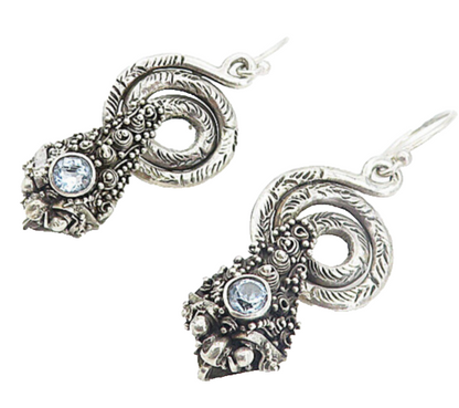 925 Sterling Silver  Vintage Blue Topaz Snake Motif Dangle Earrings  EG3559