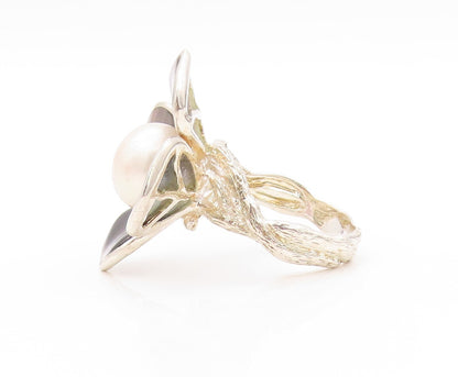 925 Sterling Silver Vintage Ring Pearl Abalone Cutout Flower  SZ 10  RG32147