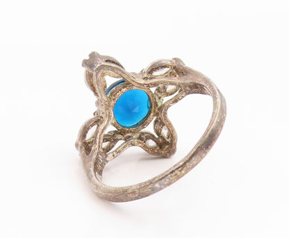 925 Sterling Silver Vintage Ring Blue & White Topaz Flower Band  Sz 8  RG35565