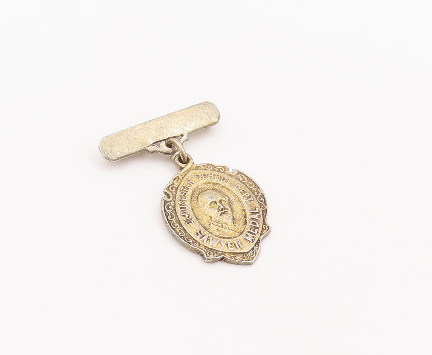 925 Sterling Silver Vintage Brooch Pin Gold Plated Dangling Sawyer Medal BP10977