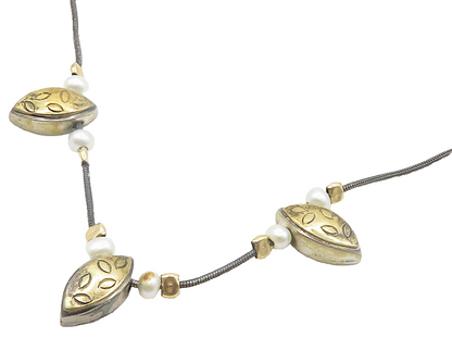925 Sterling Silver & 14K GOLD Vintage Petite Pearls Two Tone Necklace  NE3219
