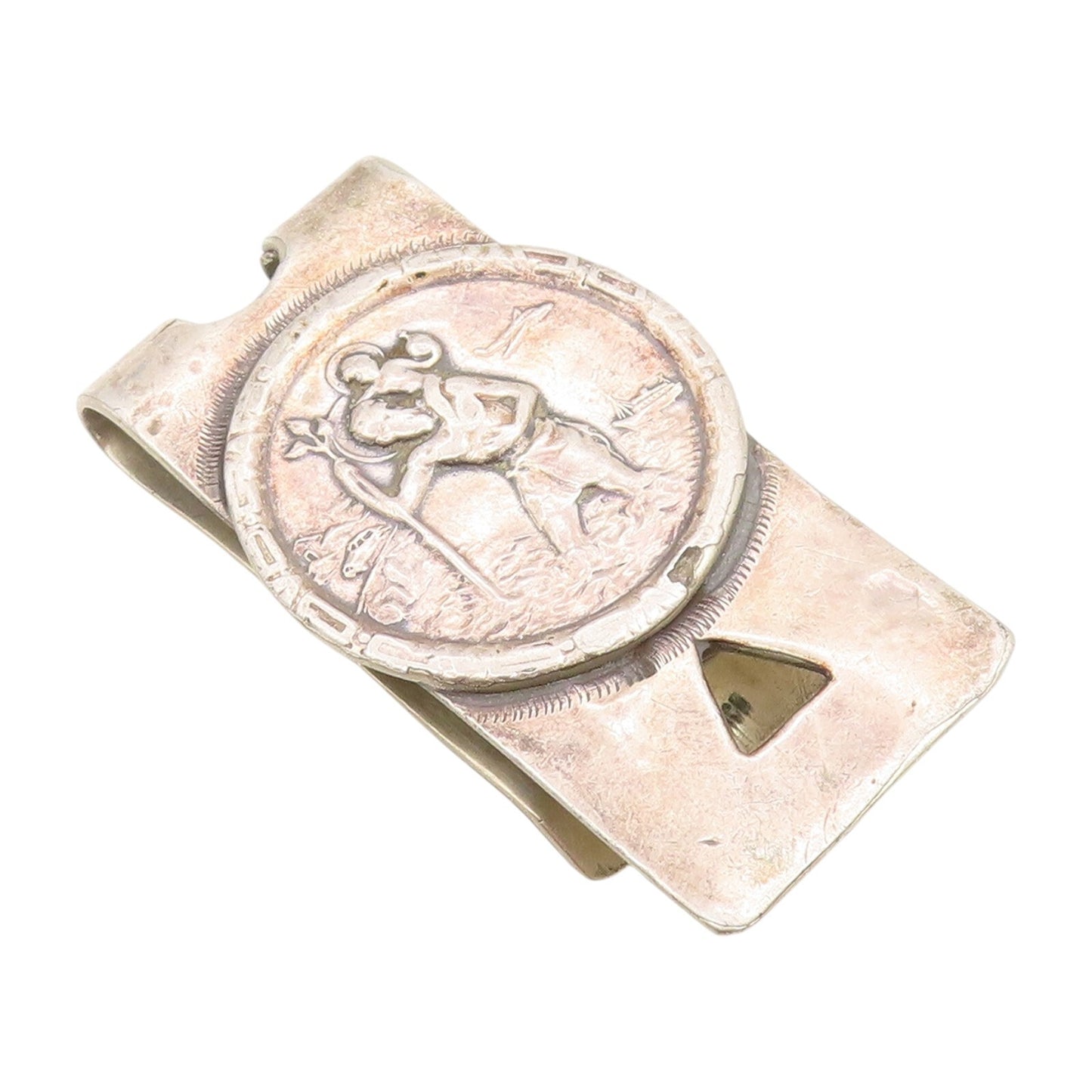 925 Sterling Silver Vintage Money Clip Solid Dark Tone Religious Carved  TR3873