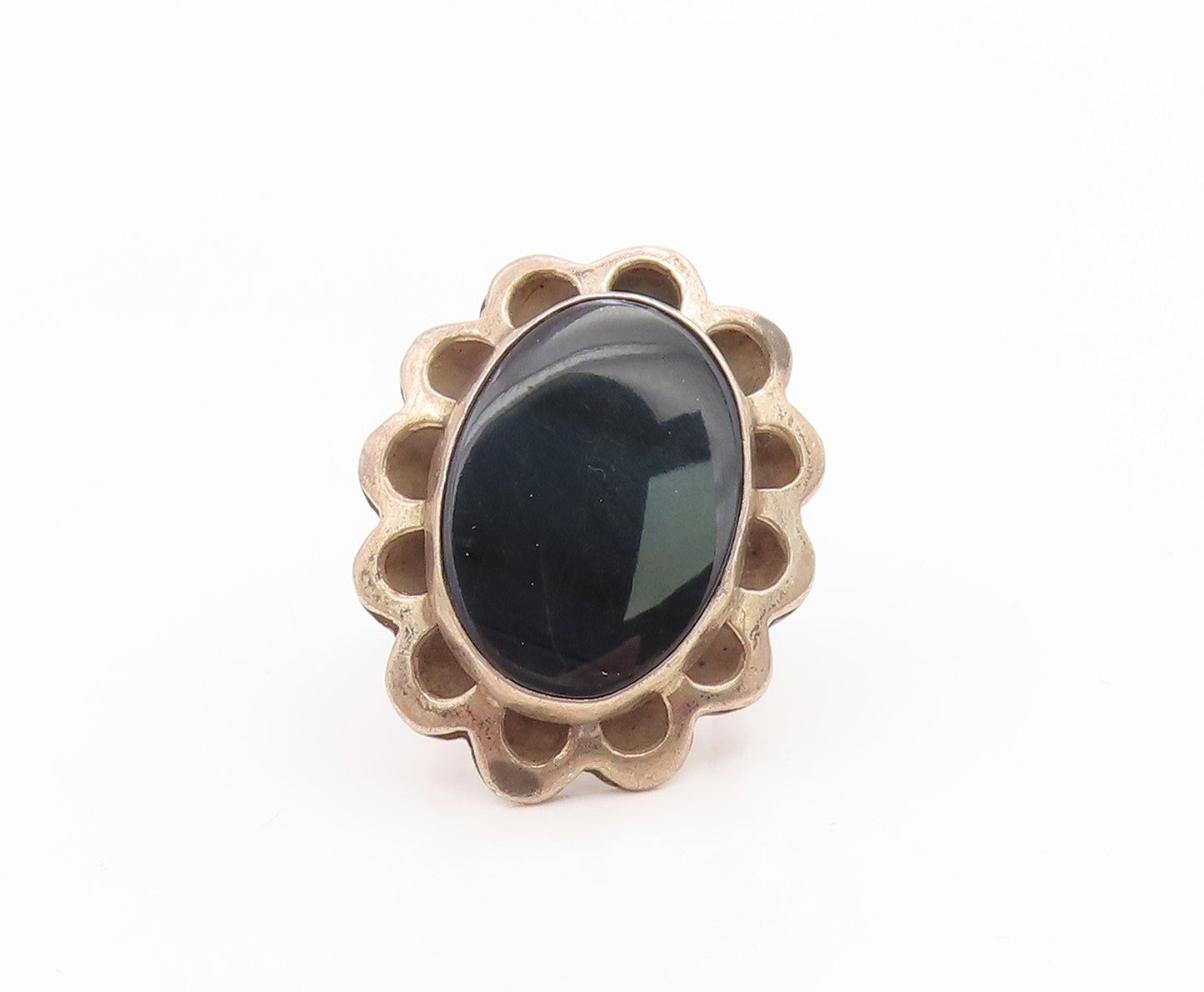 925 Sterling Silver Vintage Ring Cabochon Onyx Floral Cutout  Sz 5.5  RG35755