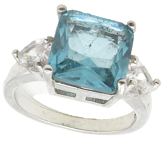925 Sterling Silver  Blue & White Topaz Shiny Cocktail Ring Sz 8  RG16748
