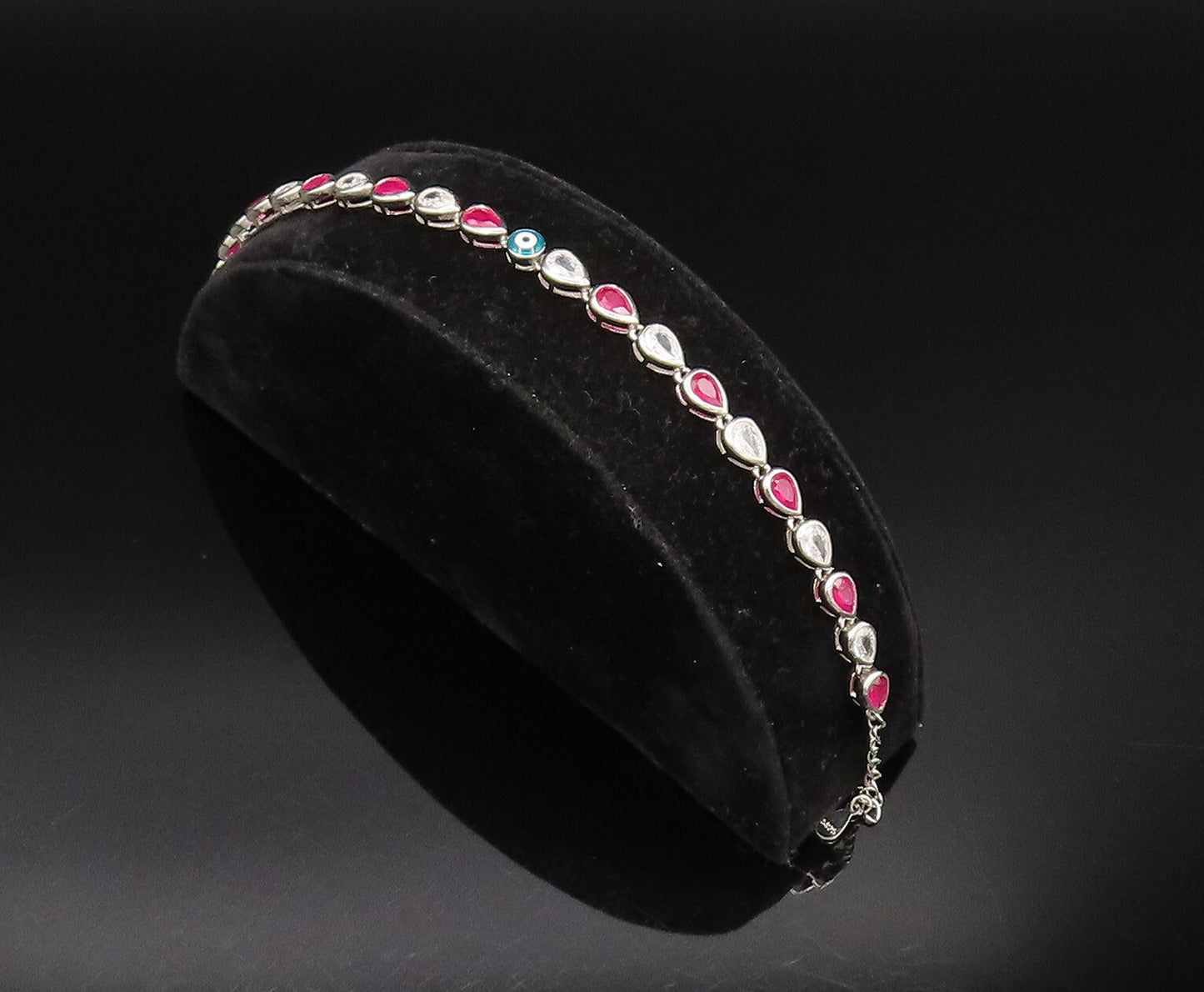 925 Silver  Vintage Enamel Evil Eye Pear Shaped Ruby & Topaz Bracelet  BT9569
