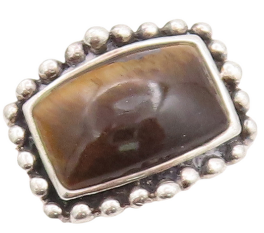 925 Sterling Silver Vintage Ring Rectangle Tiger's Eye Beaded Frame Sz 8 RG29131