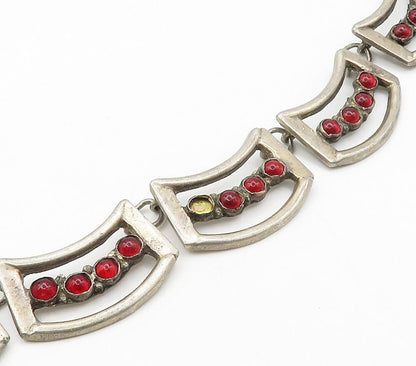 MEXICO 925 Silver  Vintage Cabochon Red Topaz Dark Tone Chain Necklace  NE2605