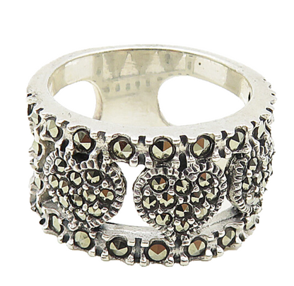925 Sterling Silver  Sparkling Marcasite Love Hearts Band Ring Sz 8.5  RG9019