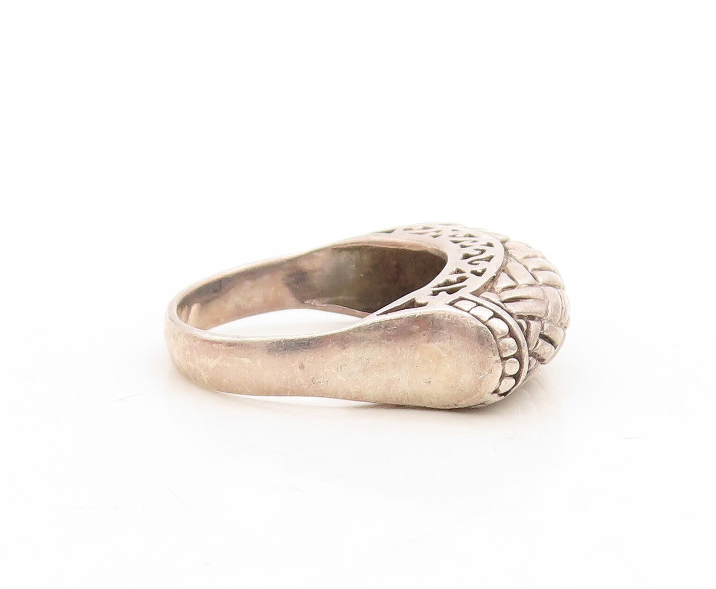 925 Sterling Silver Vintage Ring Dark Tone Woven Effect Carved  Sz 8  RG31253