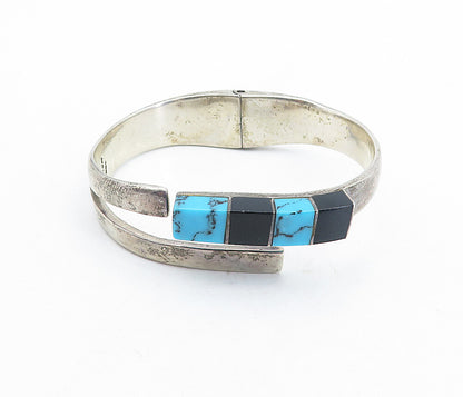 MEXICO 925 Silver  Vintage Turquoise & Black Onyx Bangle Bracelet  BT2007