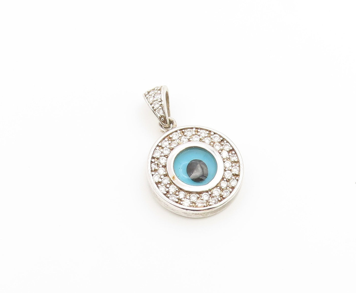 925 Sterling Silver Vintage Pendant CZ Classic Enamel Evil Eye Medal  PT26543