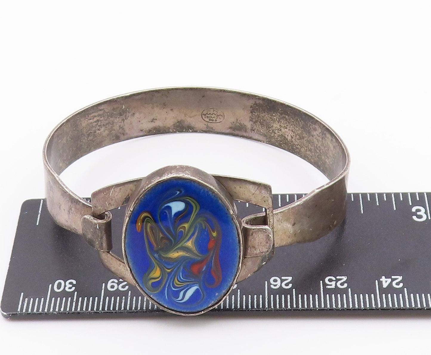 ISRAEL 925 Sterling Silver  Vintage Enamel Art Hook Bangle Bracelet  BT9307