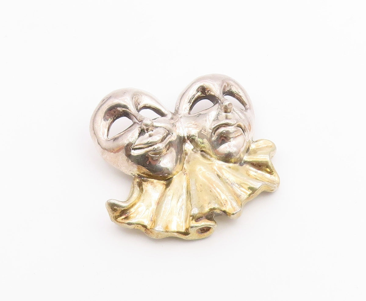 925 Sterling Silver  Vintage Two Tone Drama Theatre Masks Brooch Pin  BP5714