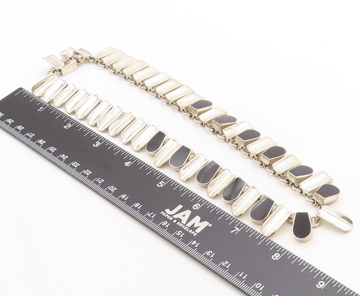 MEXICO 925 Sterling Silver  Vintage Inlaid Black Stone Chain Necklace  NE1098
