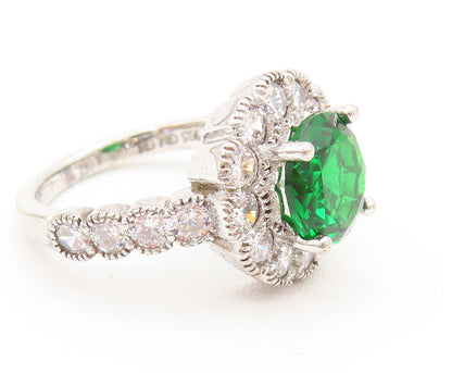 925 Silver  Vintage Emerald & Cubic Zirconia Flower Ring Sz 5.25  RG26129