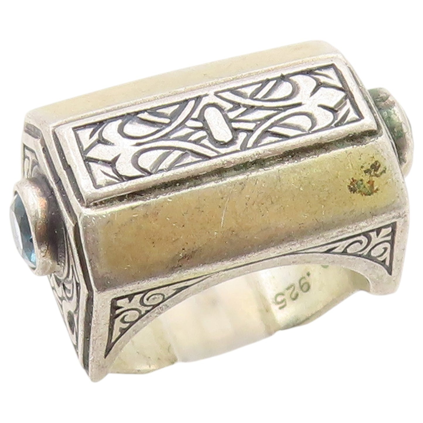 925 Sterling Silver Vintage Ring Blue Topaz Engraved Floral Band Sz 6.5  RG36504