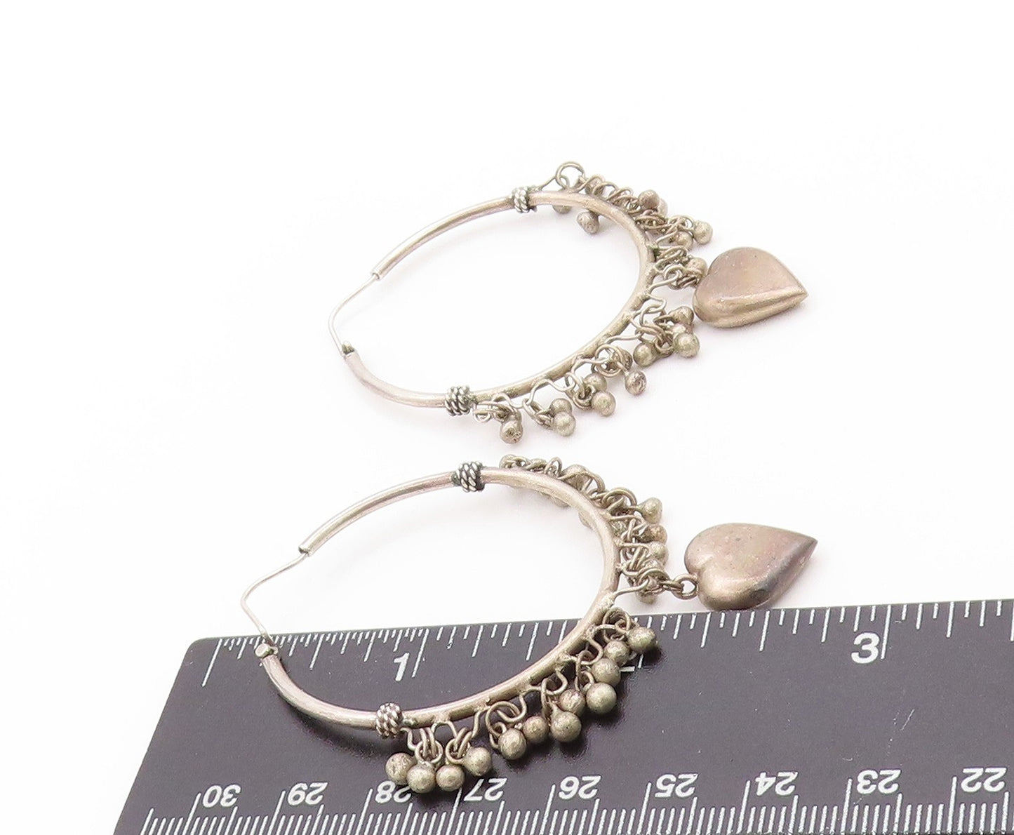 925 Sterling Silver Vintage Earrings Antique Dangling Beads & Heart Hoop EG13605