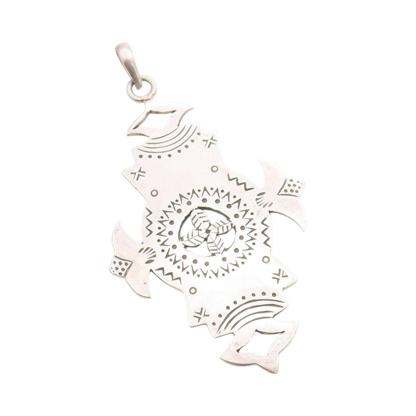 925 Sterling Silver Vintage Pendant Etched Patterns Of Tribal Symbols  PT24828