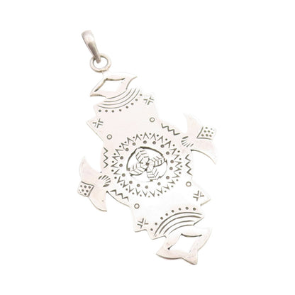 925 Sterling Silver Vintage Pendant Etched Patterns Of Tribal Symbols  PT24828