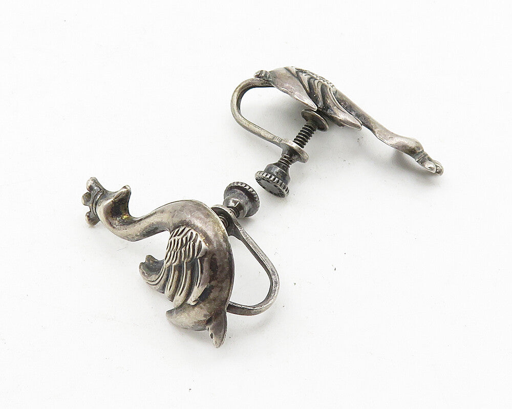 925 Sterling Silver  Vintage Dark Tone Royal Swan Non Pierce Earrings  EG5694