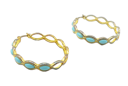 ROSS SIMON 925 Sterling Silver Cabochon Cut Turquoise Shiny Hoop Earrings EG7652