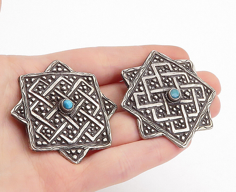 925 Sterling Silver Vintage Turquoise Oxidized Non Pierce Earrings EG2377