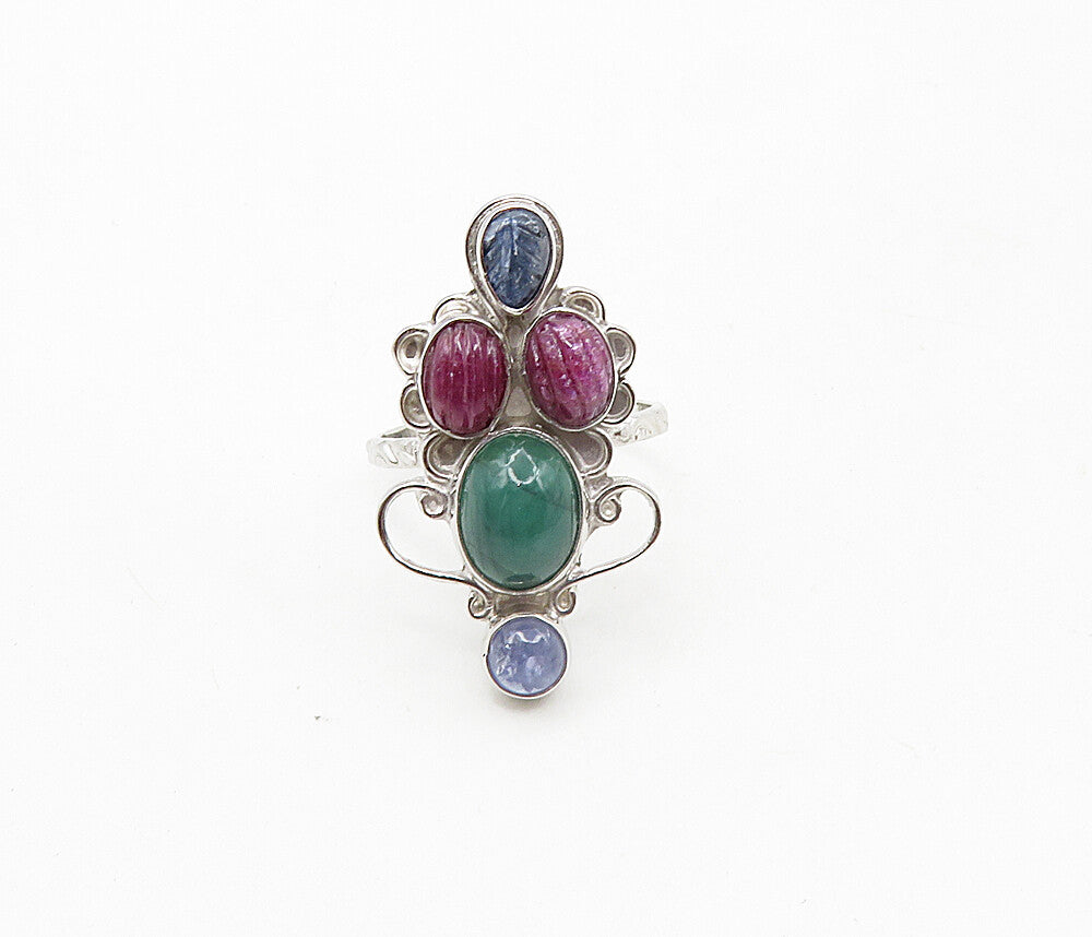 925 Sterling Silver  Carnelian Ruby & Sapphire Cocktail Ring Sz 8  RG8866