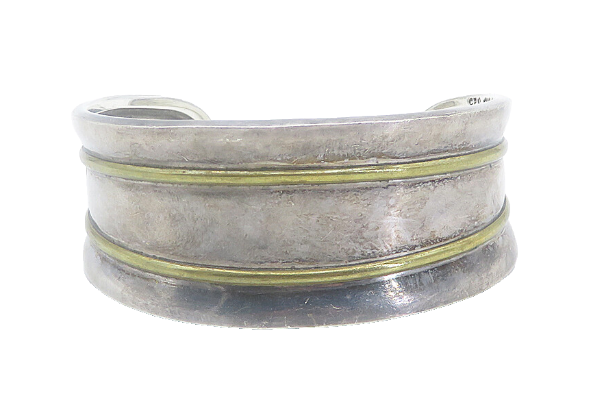 MEXICO 925 Sterling Silver Vintage Two Tone Striped Cuff Bracelet BT3393