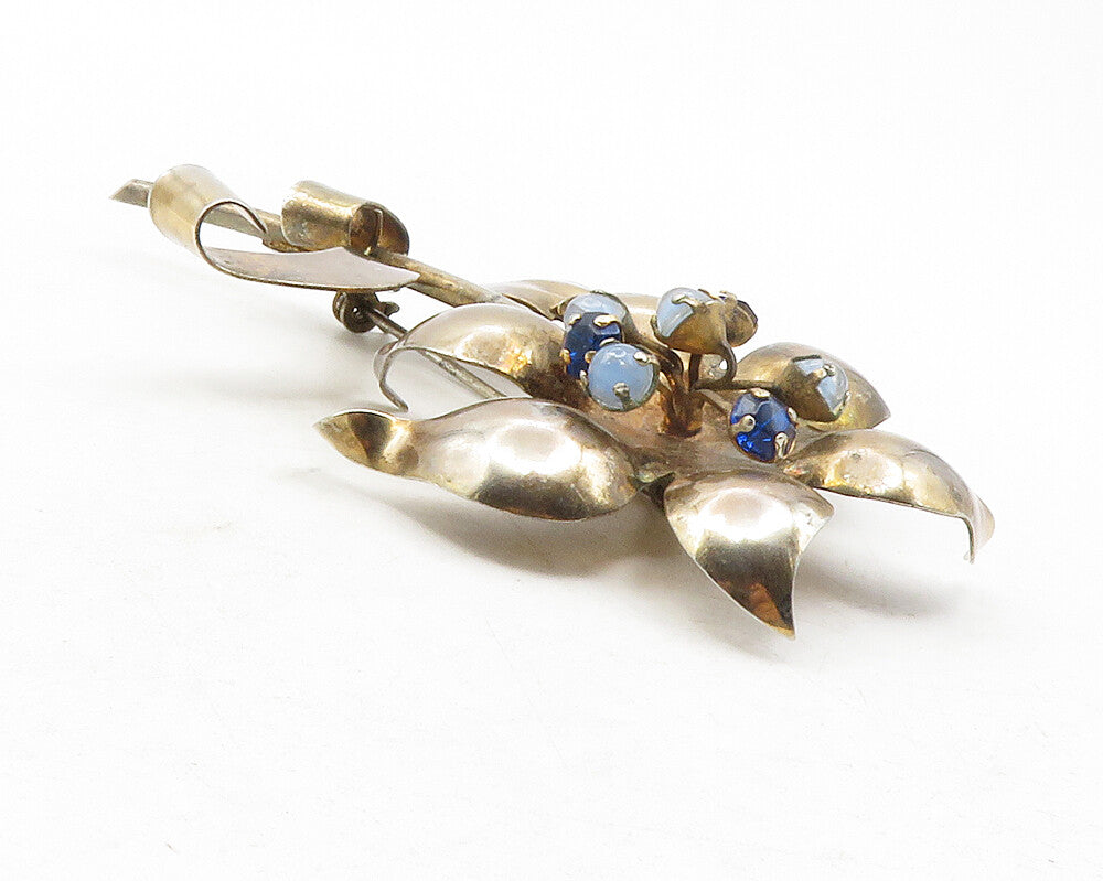 925 Sterling Silver  Vintage Blue Topaz Sculpted Flower Brooch Pin  BP4656