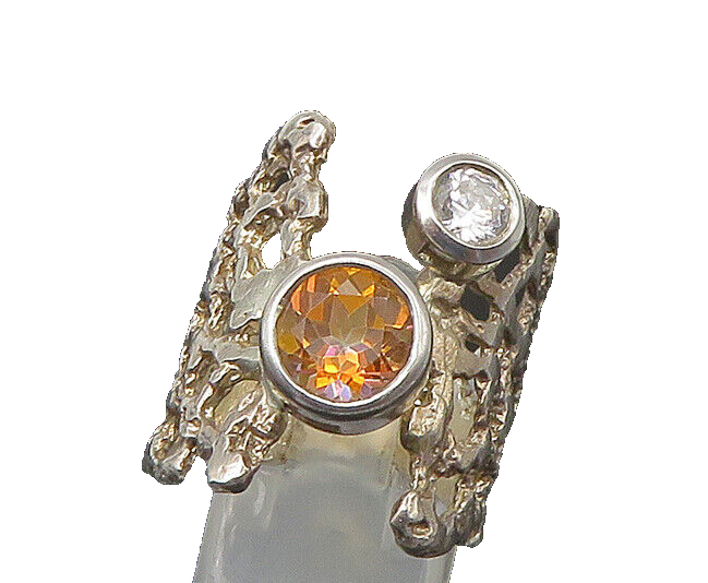 925 Silver  Vintage Cubic Zirconia & Citrine Sculpted Band Ring Sz 8.5 RG22387