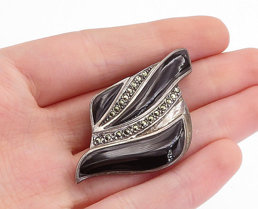 925 Sterling Silver  Vintage Onyx & Marcasite Dark Tone Brooch Pin  BP1766