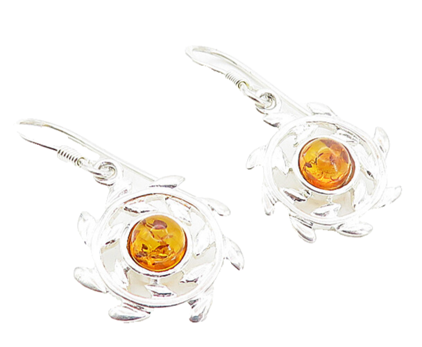 925 Sterling Silver  Cabochon Cut Amber Floral Wreath Dangle Earrings  EG3794