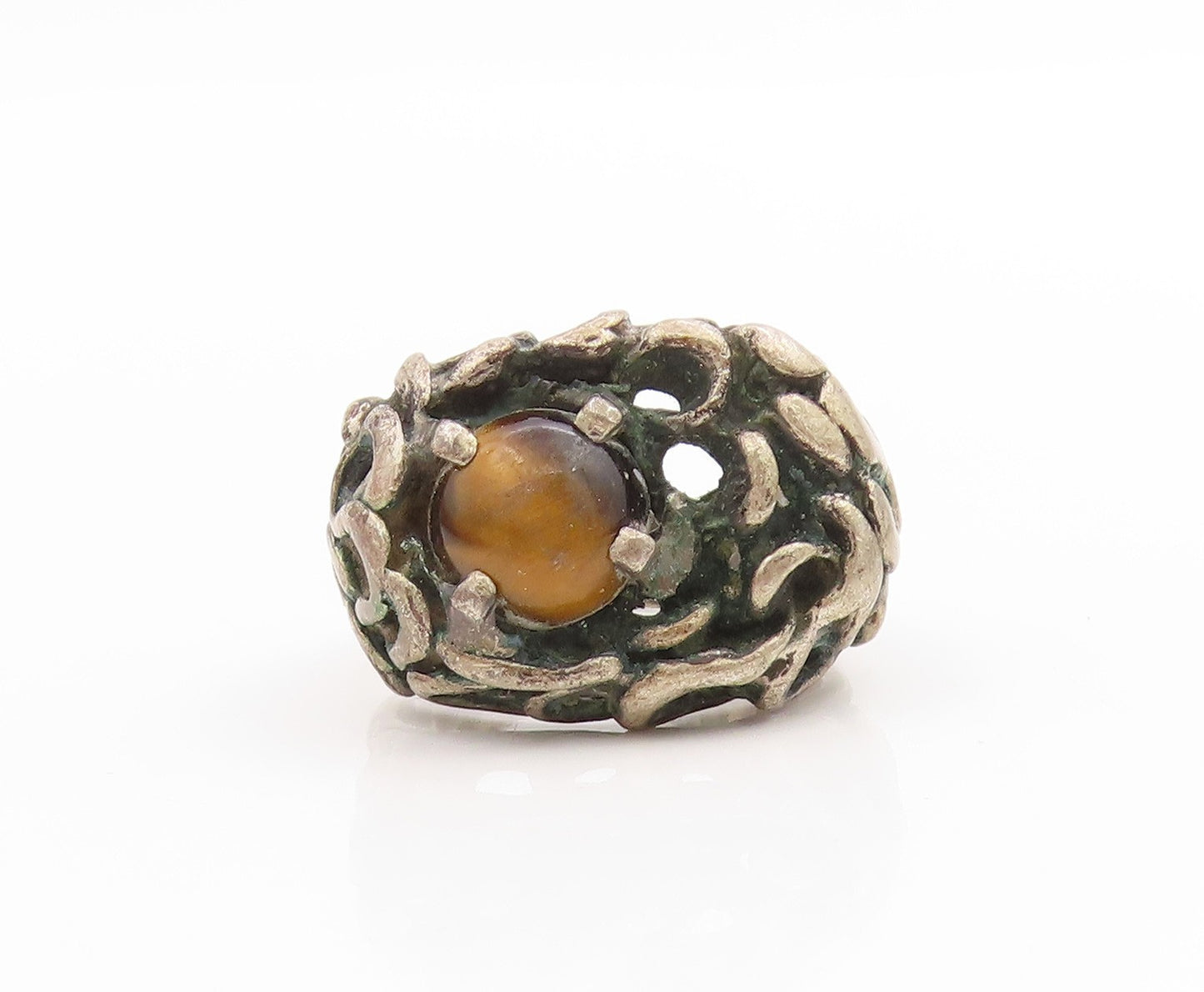 925 Sterling Silver Vintage Ring Round Tiger's Eye Brutalist Band  Sz 6  RG34033